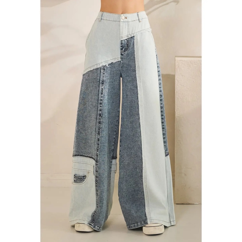 Oli & Hali Two-Tone Light and Dark Denim Wide-Leg Flare Jeans